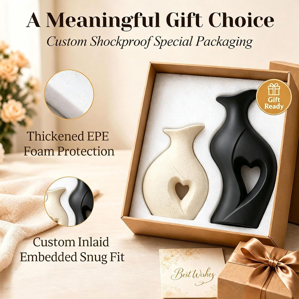 Modern Heart Ceramic Vases Flower Vase Set of 2 (Cream & Black)