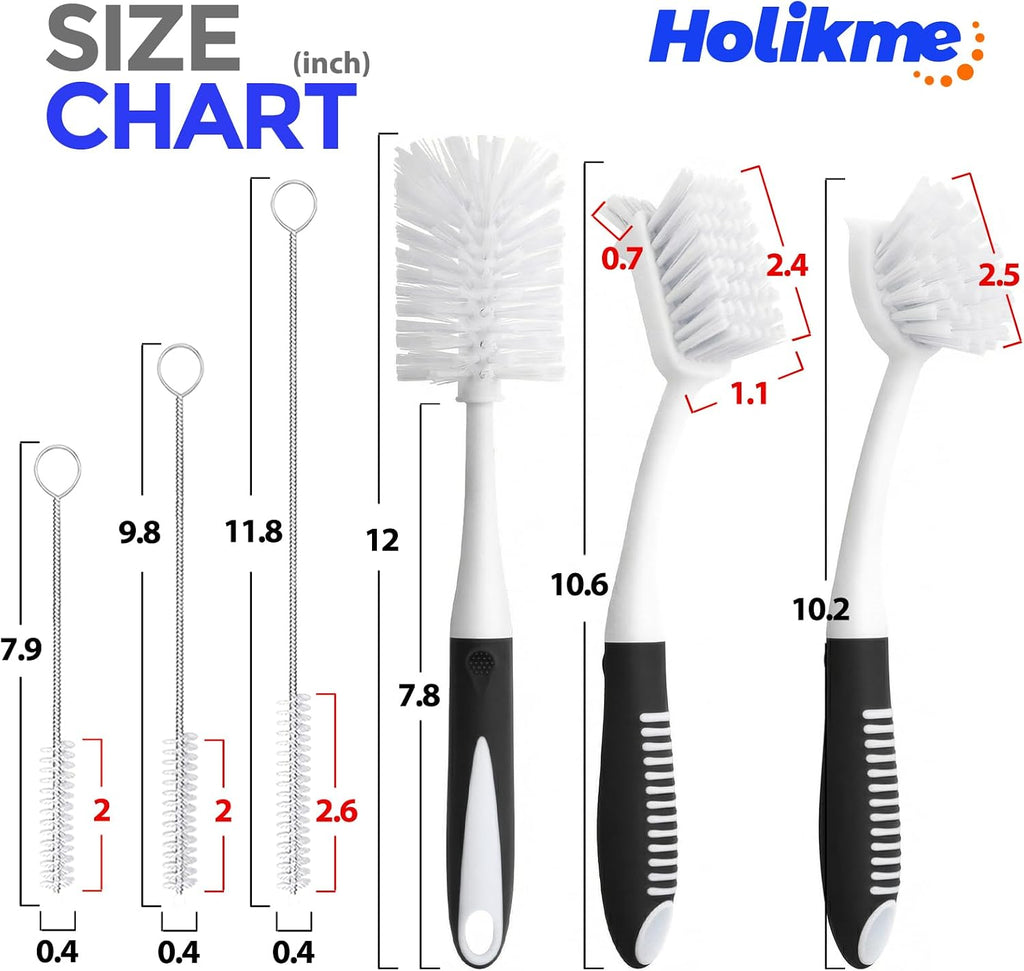 Holikme 6 Pack Dish Brush Set with Bottle Brush, Dish Scrub Brush,Black