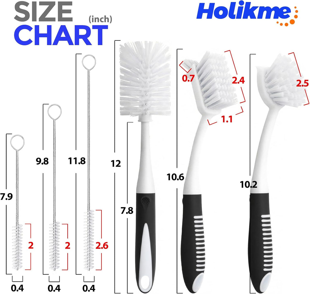 Holikme 6 Pack Dish Brush Set with Bottle Brush, Dish Scrub Brush,Black