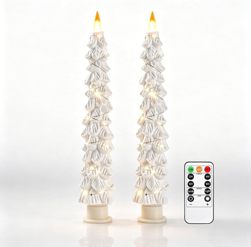 2 Pack White Christmas Tree LED Taper Candles, Flameless Flickering Candles with Copper String Lights, Upgraded Realistic Flame Effect, Battery Operated with Remote for Christmas Home Decoration