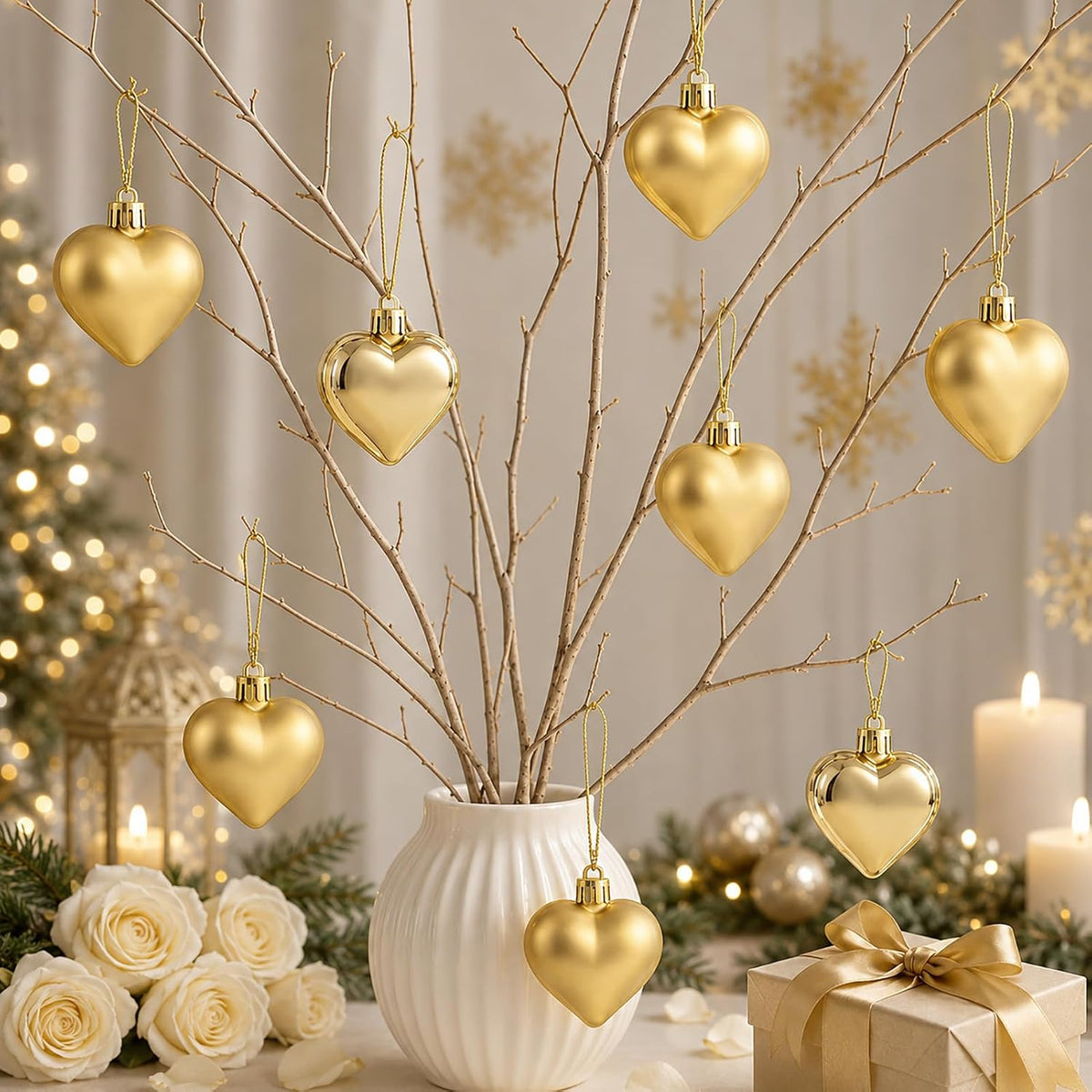Set of 12 Gold Heart Ornaments for Christmas Valentine Tree Decorations, 1.8 inch Mini Valentines Ornaments for Small Tree, Heart Shaped Plastic Shatterproof Hanging Balls Holiday Party Decor