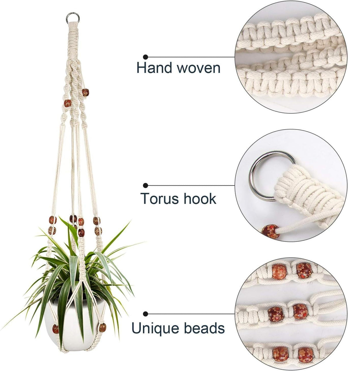 Macrame Plant Hanger Indoor Hanging Planter Basket with Wood Beads Decorative Flower Pot Holder No Tassels for Indoor Outdoor Boho Home Decor 35 Inch, Ivory (POTS NOT Included)