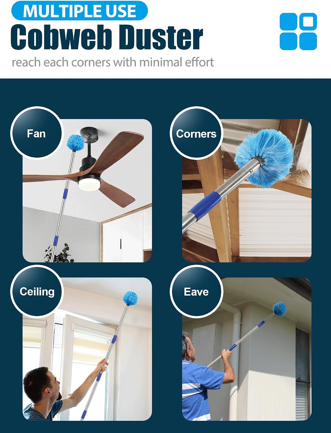 Cobweb Duster with Extension Pole, 10 ft Spider Web Brush for Outdoor House Cleaning, Cob Web Remover for High Ceilings Fans, Medium-Stiff Bristles Head, Adjustable Long Handle, Lightweight Cleaner