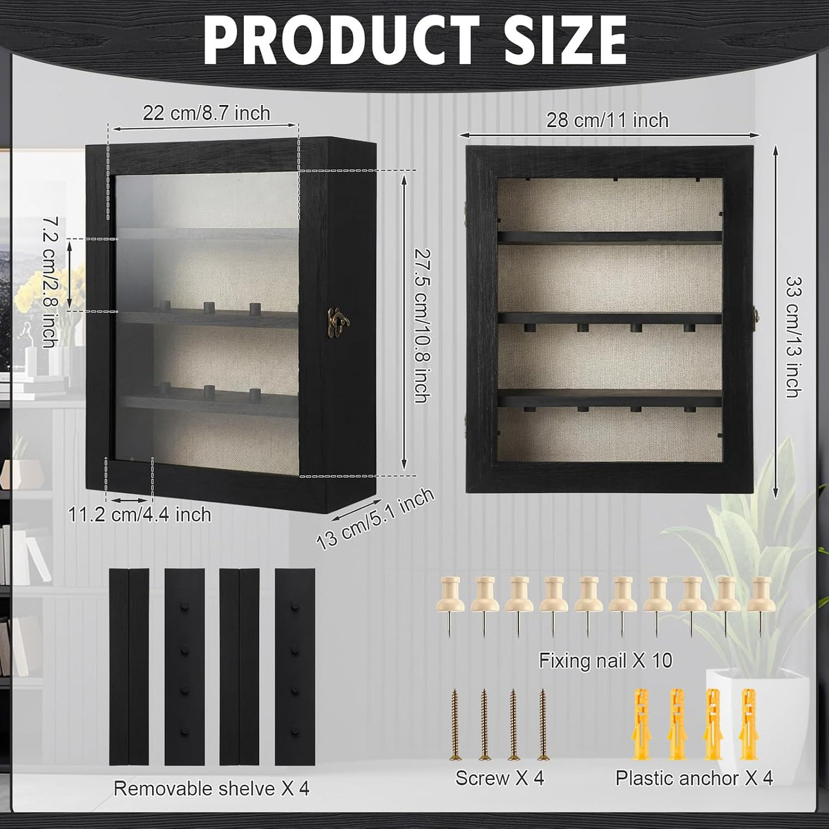 Gerrii Shadow Box Display Case 11 x 13 - Deep 5 Inch Wooden Picture Frame with Linen Back, Removable Shelves, Wooden Memory Case for Wedding Bouquets, Photos, Medals & Keepsakes, Black