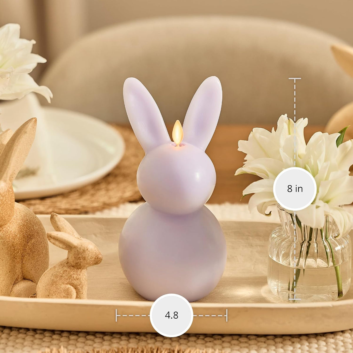 Luminara Easter Bunny Candle- Gentle Lavender 4.8" x 8"- Flameless Real-Flame Holiday-Inspired Decor- AA Batteries- Flickering LED Flame