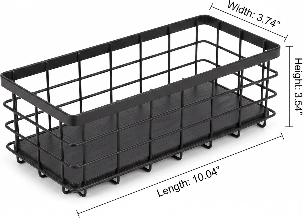 Small Metal Wire Storage Basket with Wood Base (Black+Black, 4 Pack)