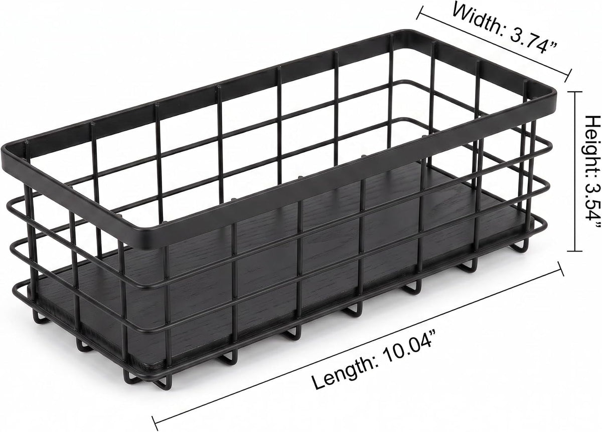 Small Metal Wire Storage Basket with Wood Base (Black+Black, 4 Pack)