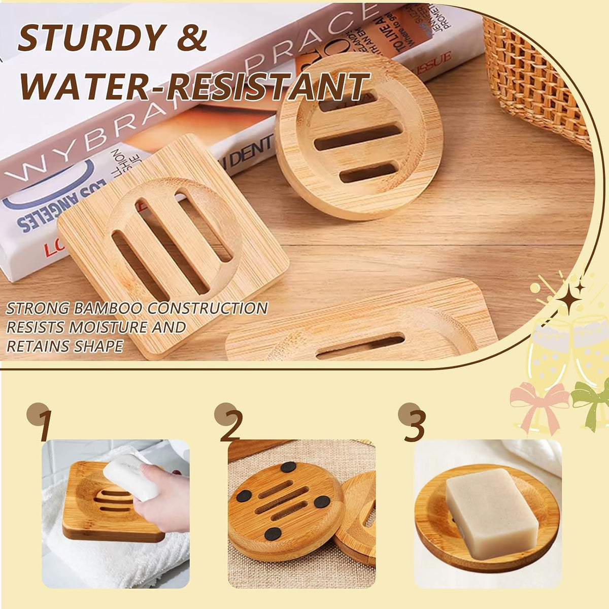 2 Pcs Bamboo Soap Holder Wooden Soap Dishes for Shower Steamer Tray for Shampoo Bath Bomb Steamers Natural Soap Dish for Home Bathroom Accessories(Round and Square)