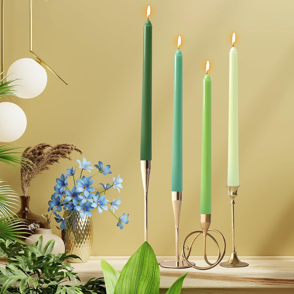 10 Inch Gradient-Green Taper Candles, 4 Packs Unscented Candlesticks for for Spring Dinner Wedding Christmas Party and Home Decoration, Dripless and Smokeless, 8-10 Hours Burn
