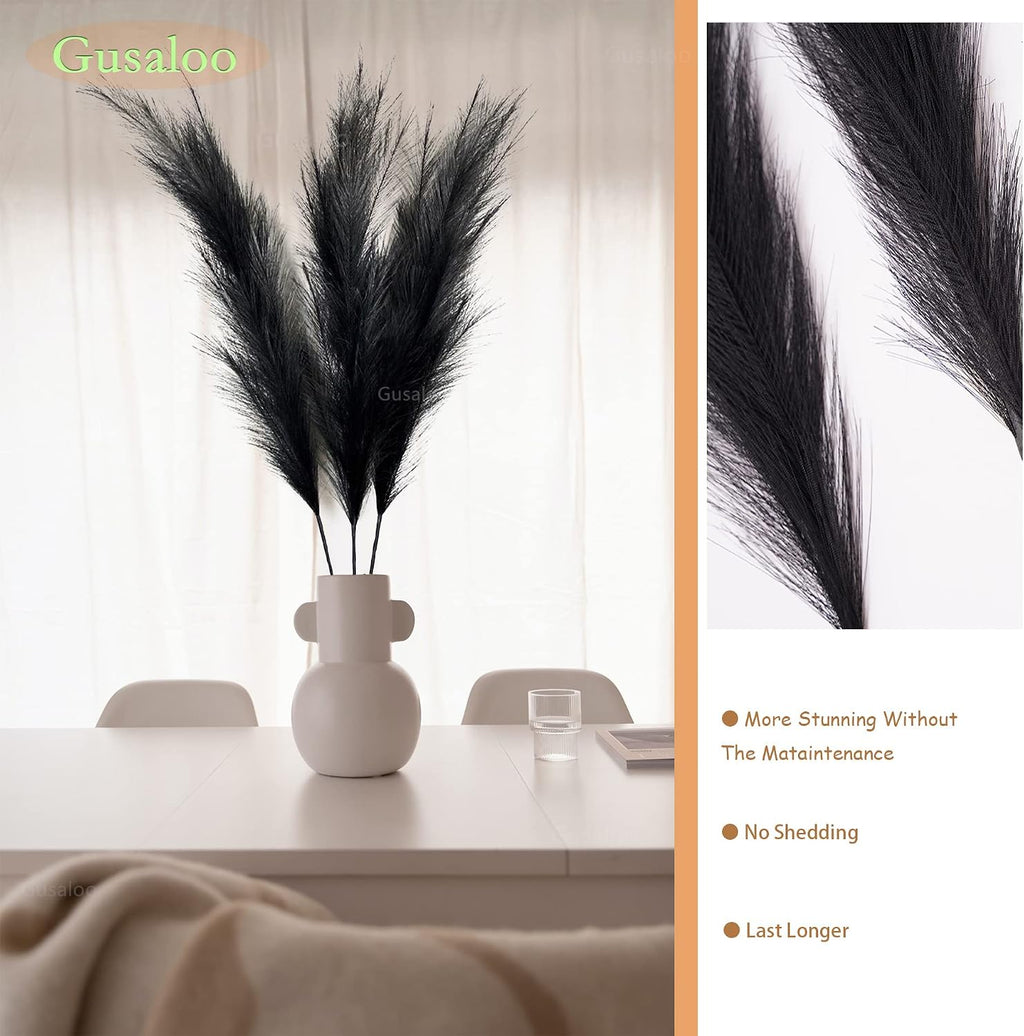 Artificial Faux Pampas Grass Large, 47"/120cm Bundle of 3 Fake Artificial Pampas Grass Decor Tall Fluffy Stems, Floor Vase Filler for Living Room Kitchen Decor Boho Decor Wedding -Black
