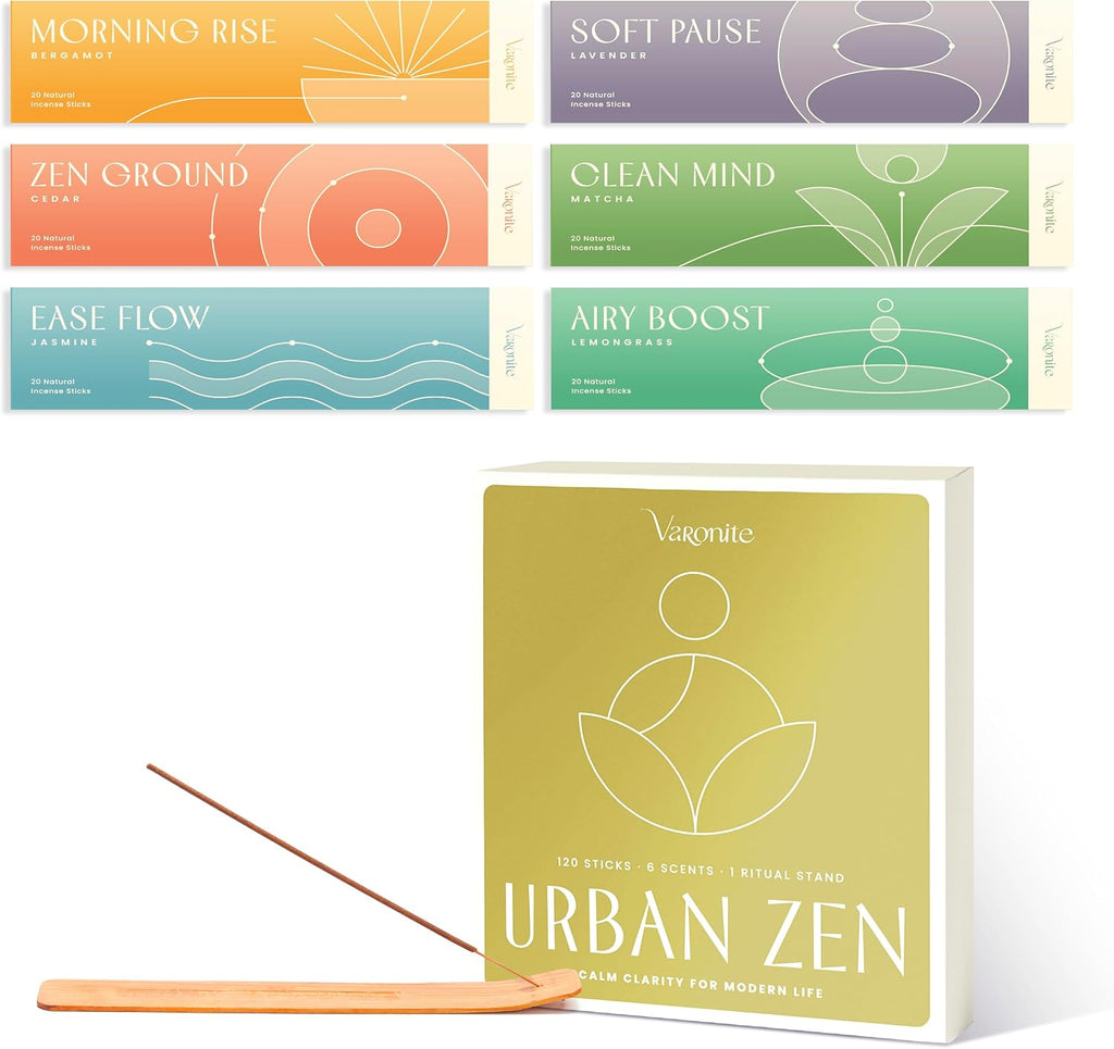 Urban Zen Incense Sticks with Holder - Incense Stick Variety Pack (120 Insence-Sticks) - Bergamot, Lavender, Matcha, Lemongrass, Cedar, Jasmine – Relaxation, Mindful Living & Home Fragrance