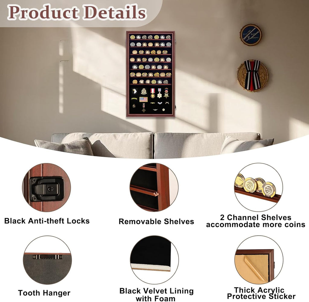 Oversized Military Challenge Coin Display case for Badges Mahogany