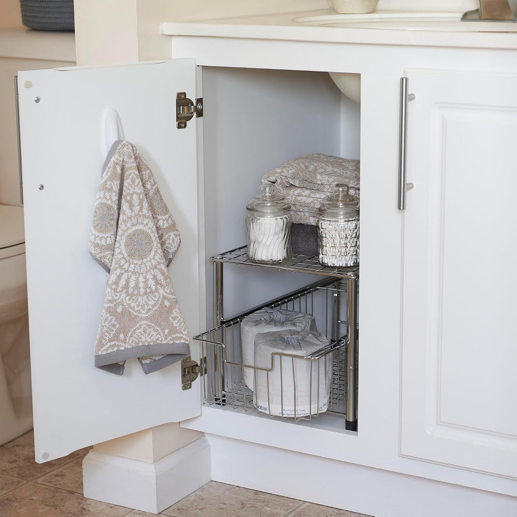 Household Essentials Free Standing Single Basket Sliding Cabinet Organizer with Metal Frame, Silver Finish