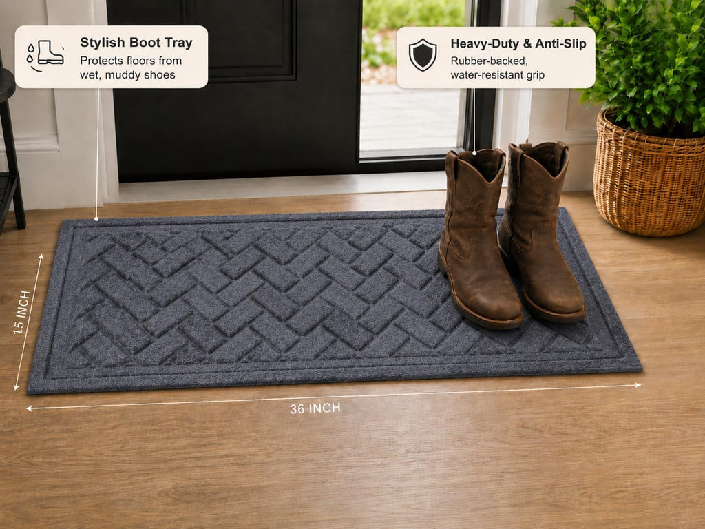 Mats Inc. Artisan Entry Boot Tray Brick Design, Indoor Mats for Entryway, Durable & Easy to Clean Tray for Boots, Anti-Slip & Water-Resistant for Front Room, Made in The USA, 15" x 36", Slate