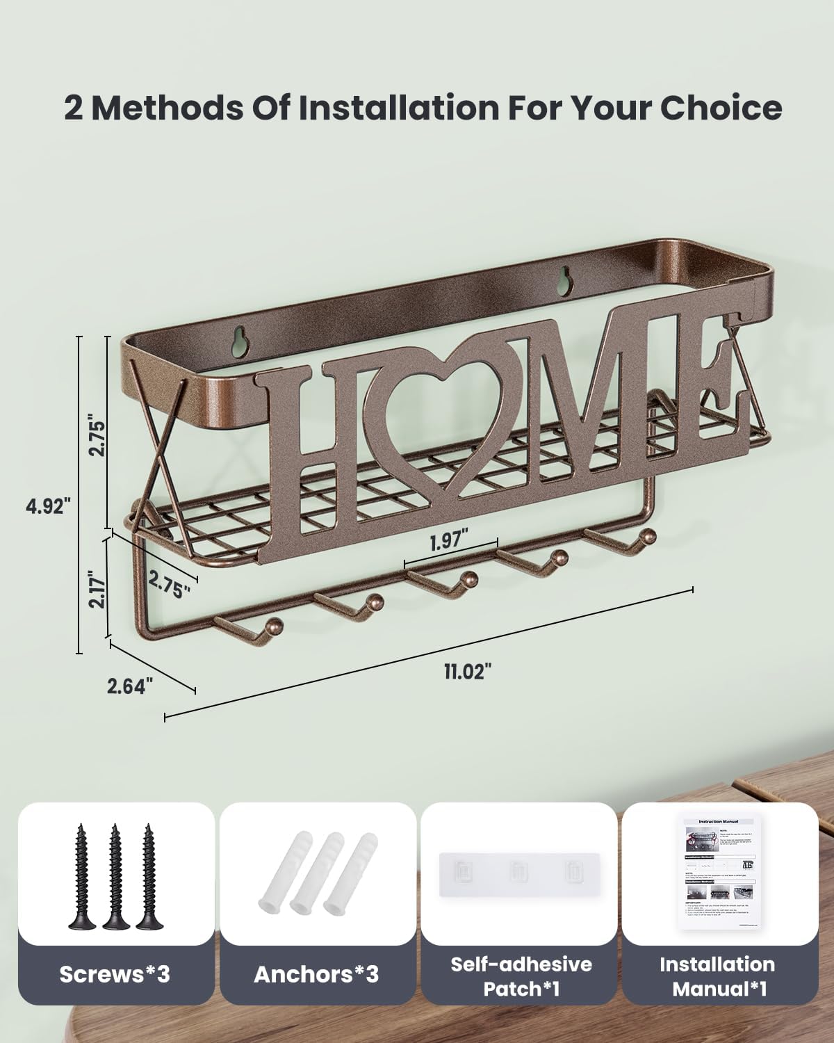 Key Holder Wall Mount - Adhesive Key Holder with 5 Hooks, Key Rack and Mail Organizer, Metal Basket Key Hanger for Entryway, Home, Living Room Decor, 11" L×2.8" W×4.9''H(Bronze)