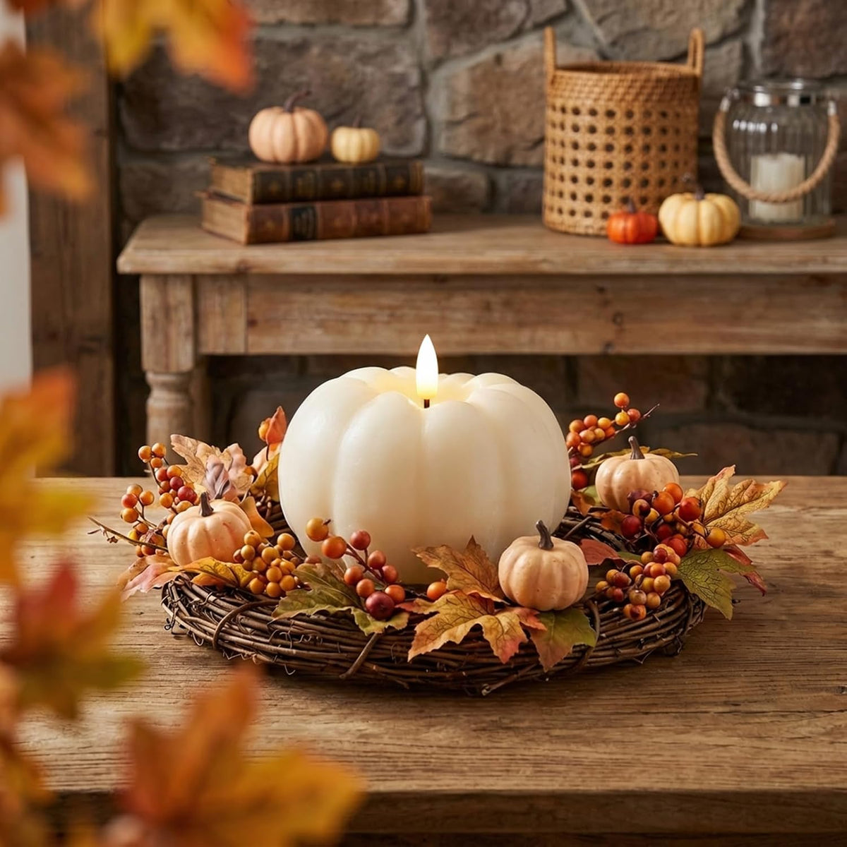 Fall Decor, Fall Decorations for Home, Flameless Pumpkin Candle, White, 1Pc