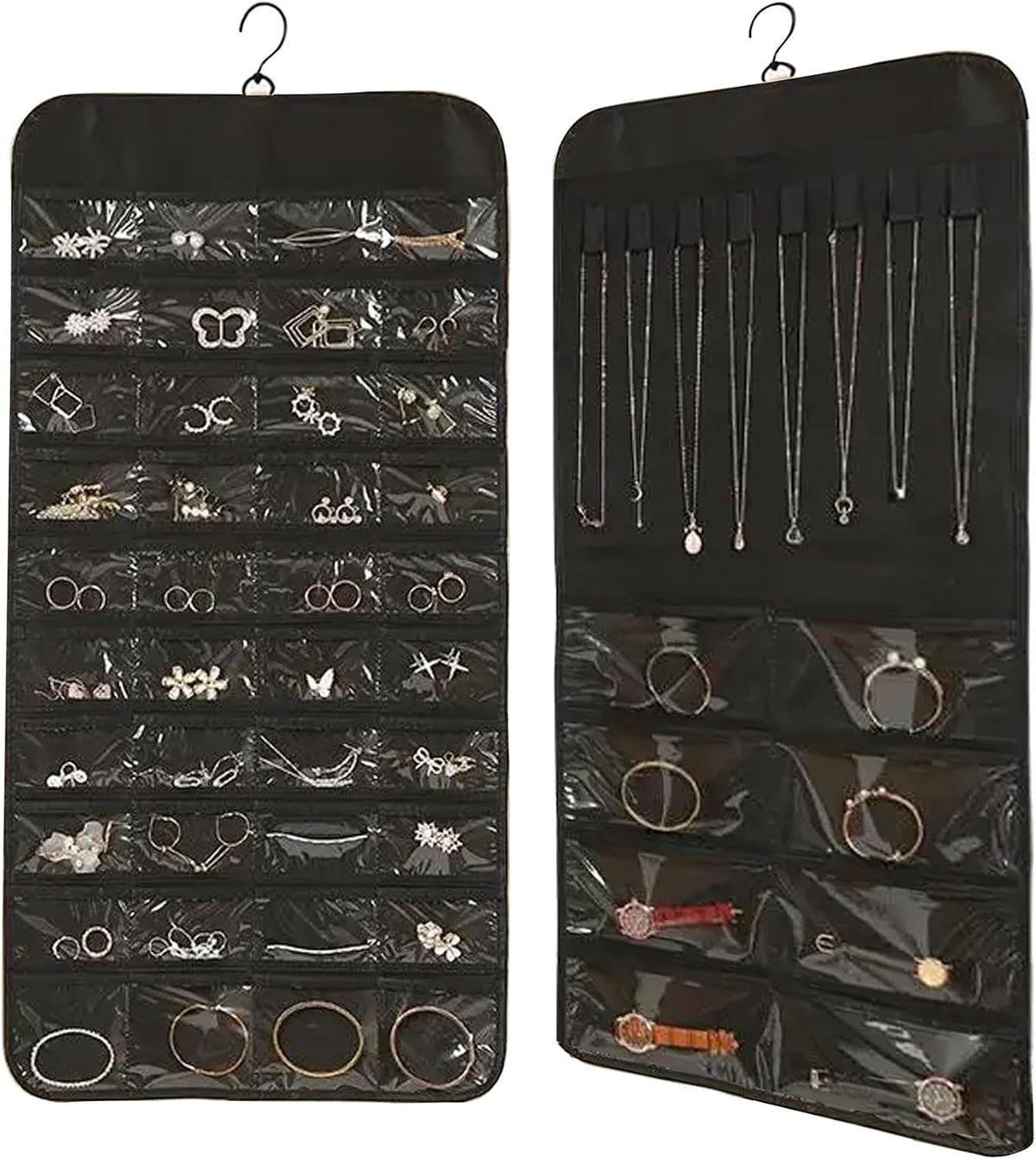 ONEPEACE Hanging Jewelry Organizer: Necklace & Earring Holder with Pockets for Closet, Wall or Door (Black)