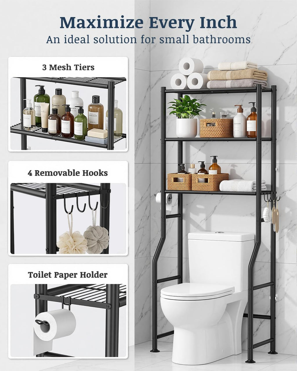 GloTika 3-Tier Over Toilet Storage Cabinet, No Drilling, 64" H, Black