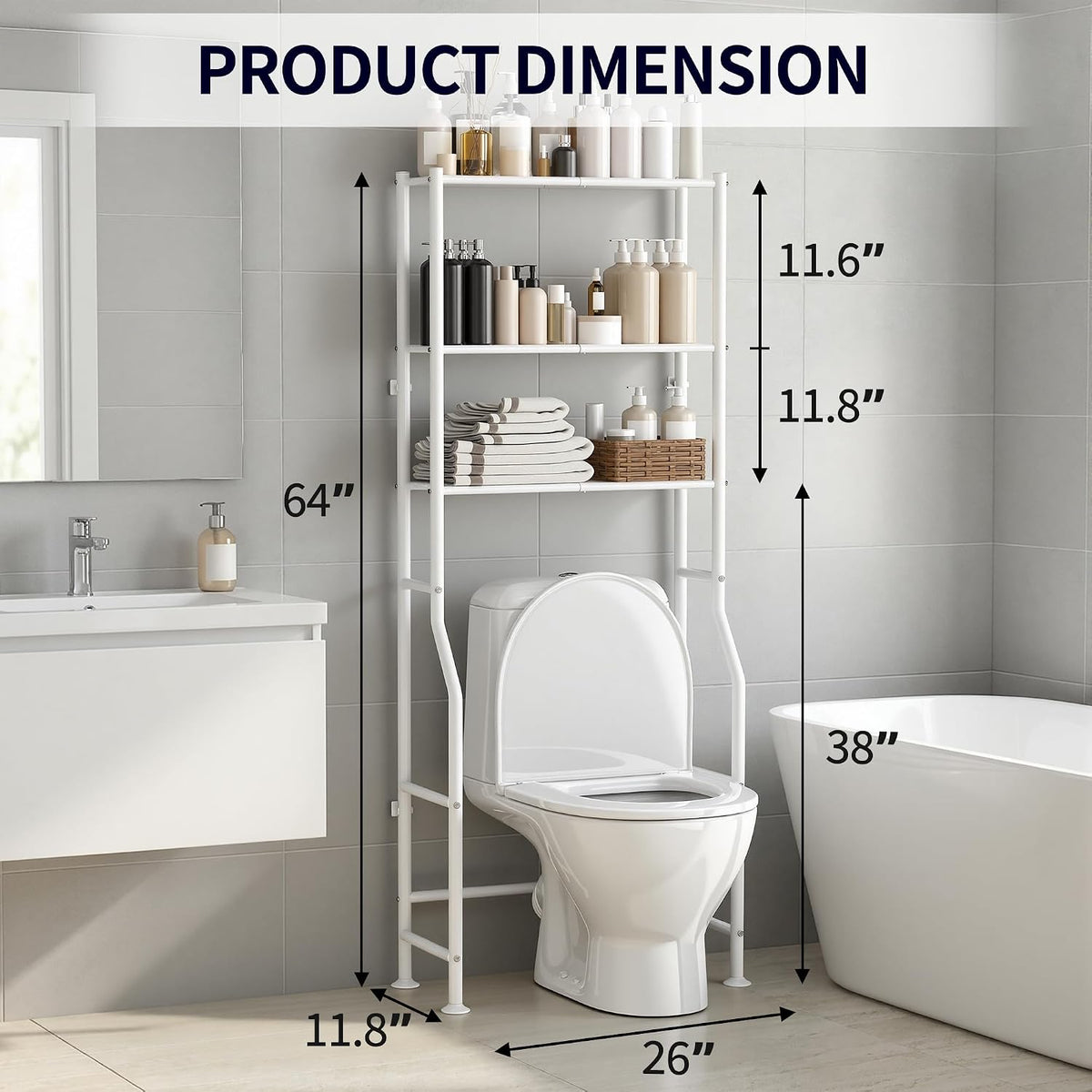 3-Tier Over Toilet Storage Cabinet, No Drilling, 64" H, White