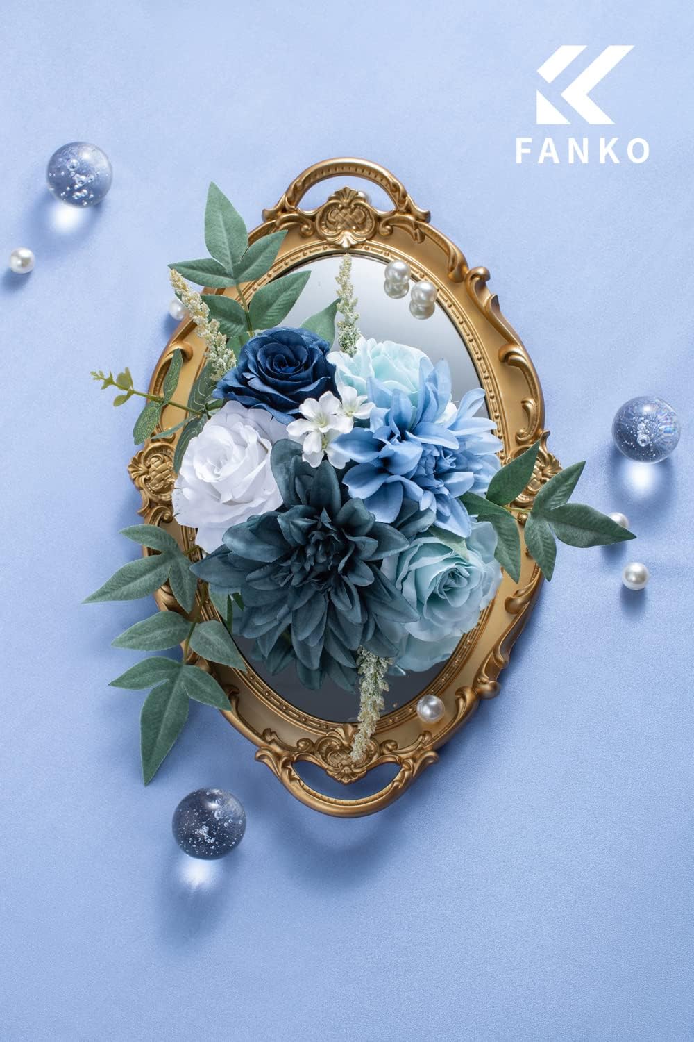 FANKO Fall Artificial Flowers for DIY, Blue White Faux Flowers Bouquet, Fake Flowers with Roses Dahlia Daisy Silk Flowers for Vase, Fall Home Decor, Wedding Centerpiece, Floral Arrangement Décor