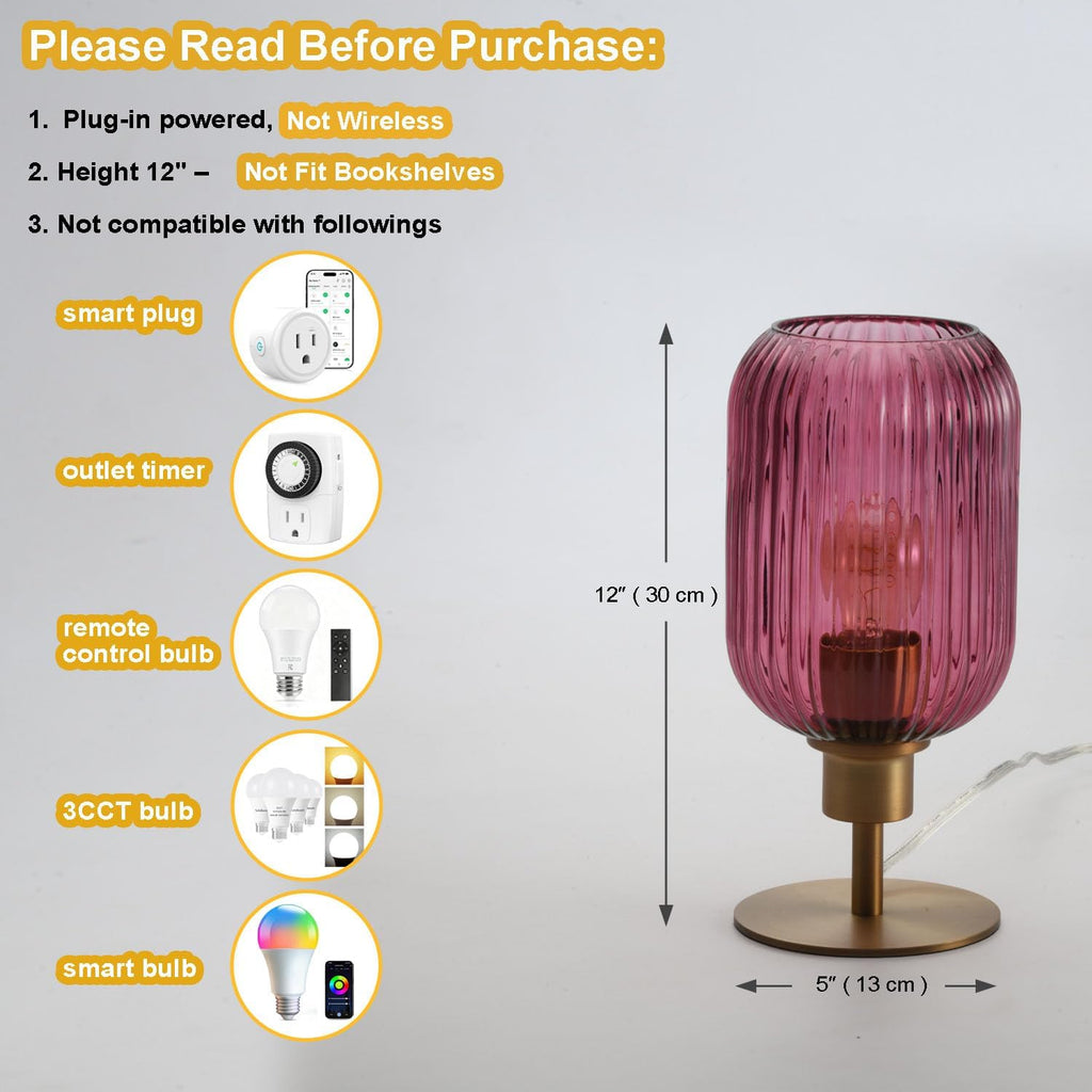 Mid Century Glass Table Lamp, Timer Build-In, Dimmable Desk Lamp, Purple