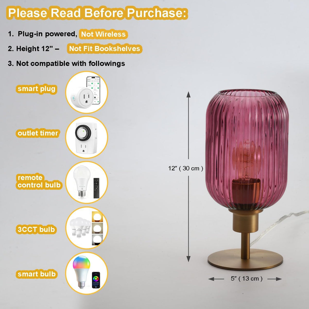 Mid Century Glass Table Lamp, Timer Build-In, Dimmable Desk Lamp, Purple