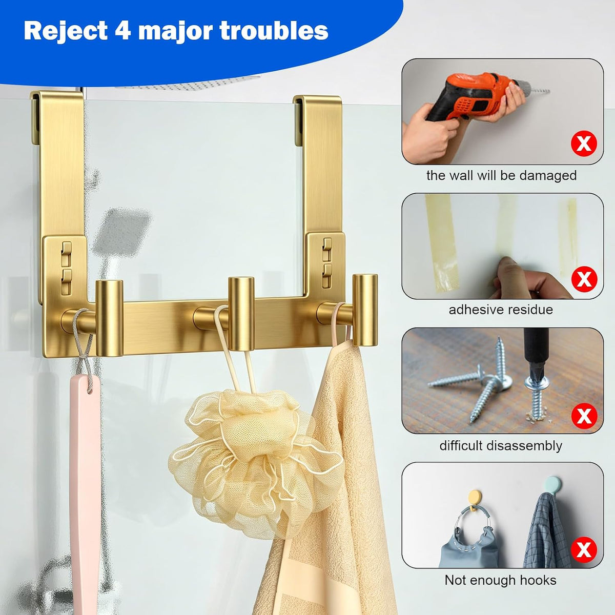 PMMASTO Gold Extra-Long Shower Door Hanger, 3 T-Hooks, Fits 3/8-Inch Glass