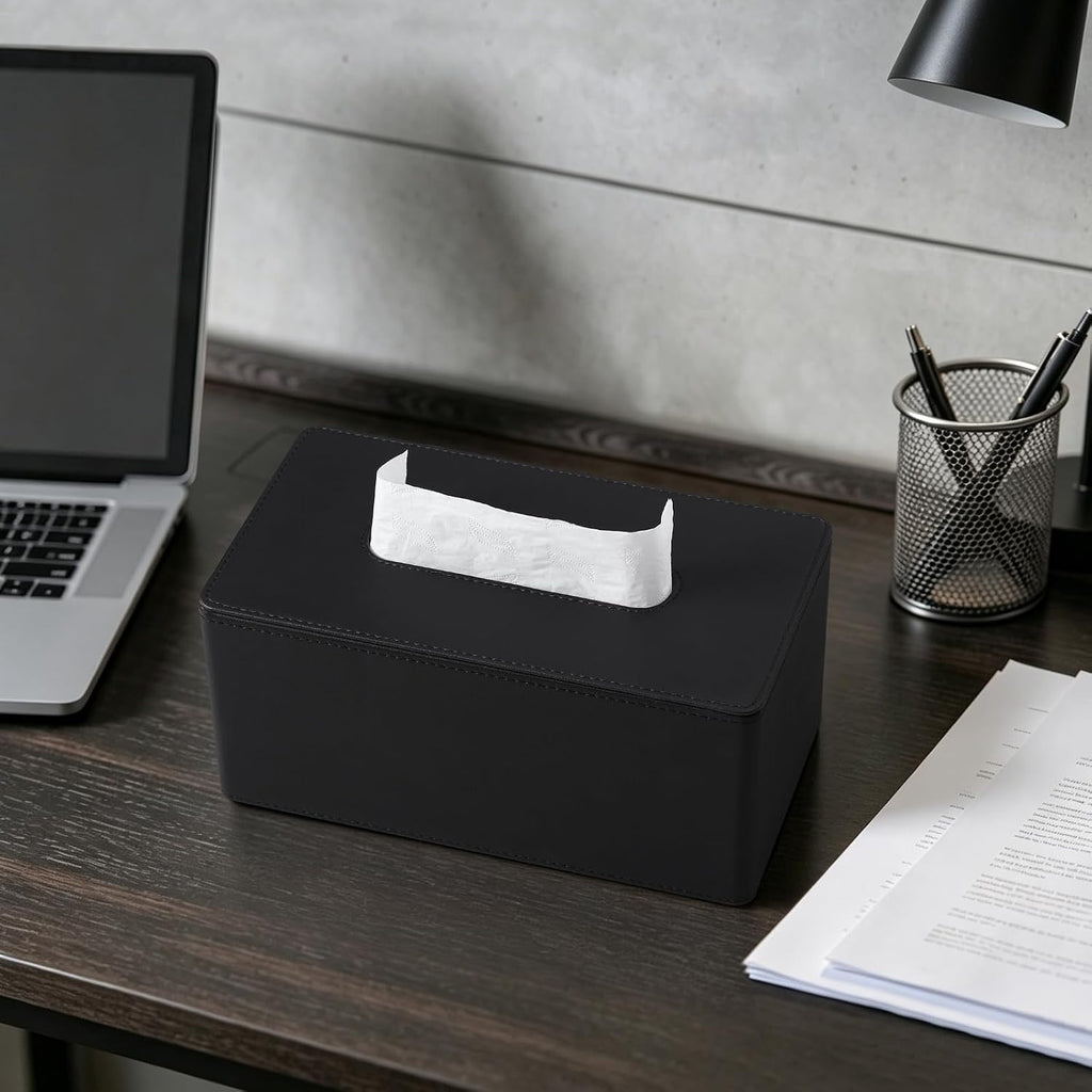 PU Leather Tissue Box Cover Rectangle, Inner Height 3.9", Black