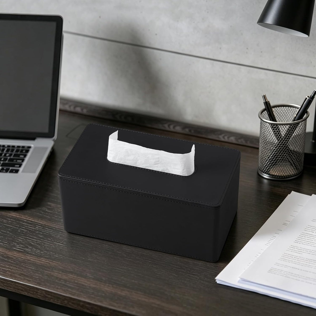 PU Leather Tissue Box Cover Rectangle, Inner Height 3.9", Black
