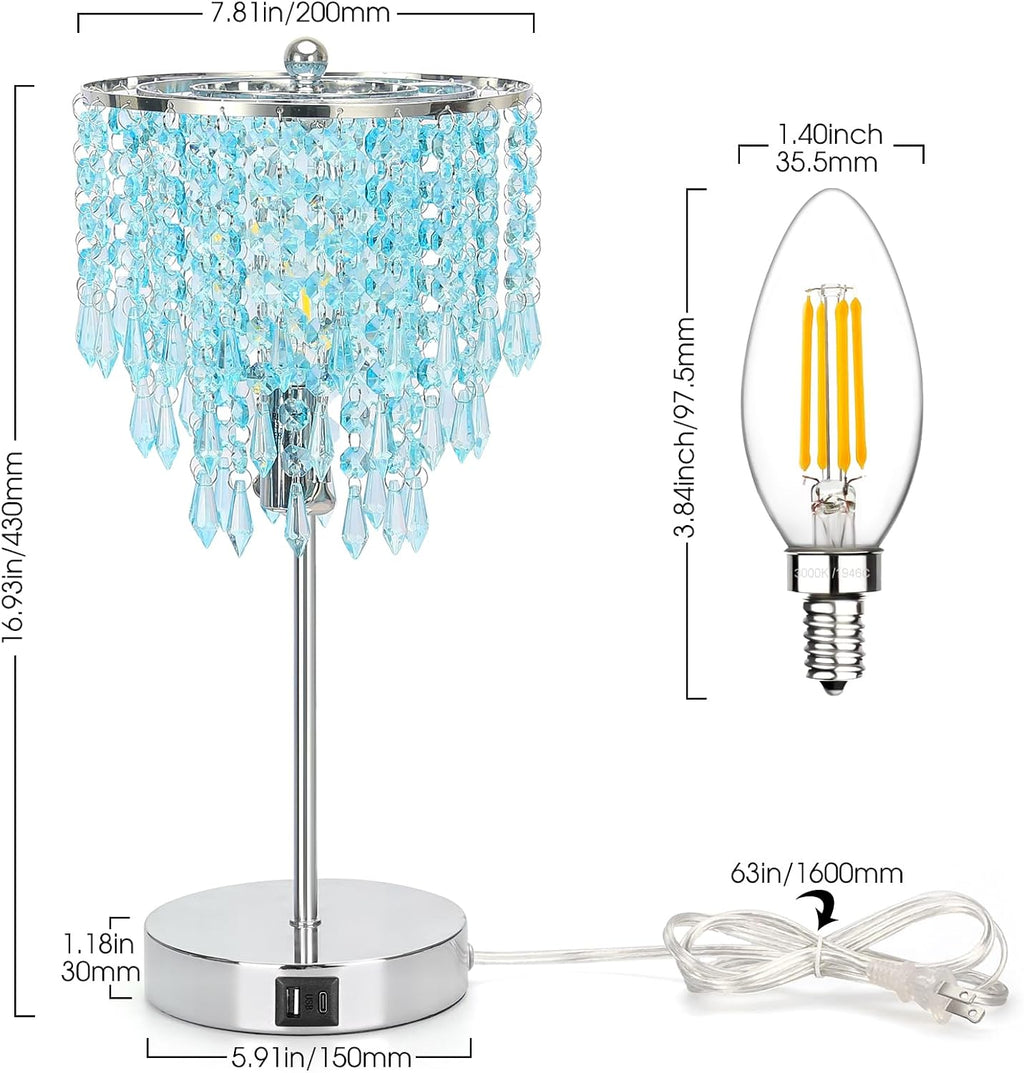 Touch Control Crystal Table Lamp, 3-Way Dimmable Lamp with USB A+C Ports