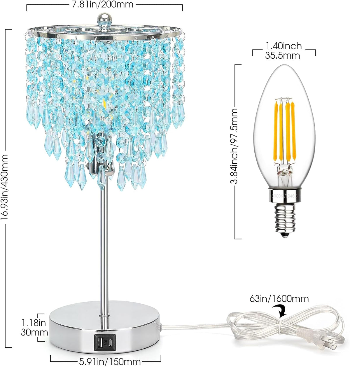 Touch Control Crystal Table Lamp, 3-Way Dimmable Lamp with USB A+C Ports