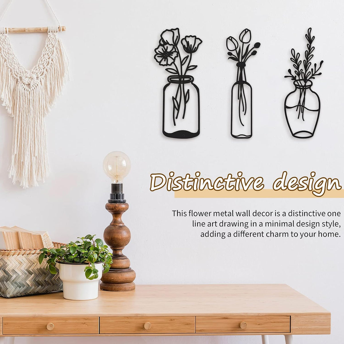 Hotop 3 Pcs Metal Flower Wall Art Decor Rustic Floral Walls Arts Iron Farmhouse Hanging Decor Black Minimalist for Kitchen Bathroom Living Room Housewarming Gift(4.2/4.5/5.5 Inches,Stylish Style)