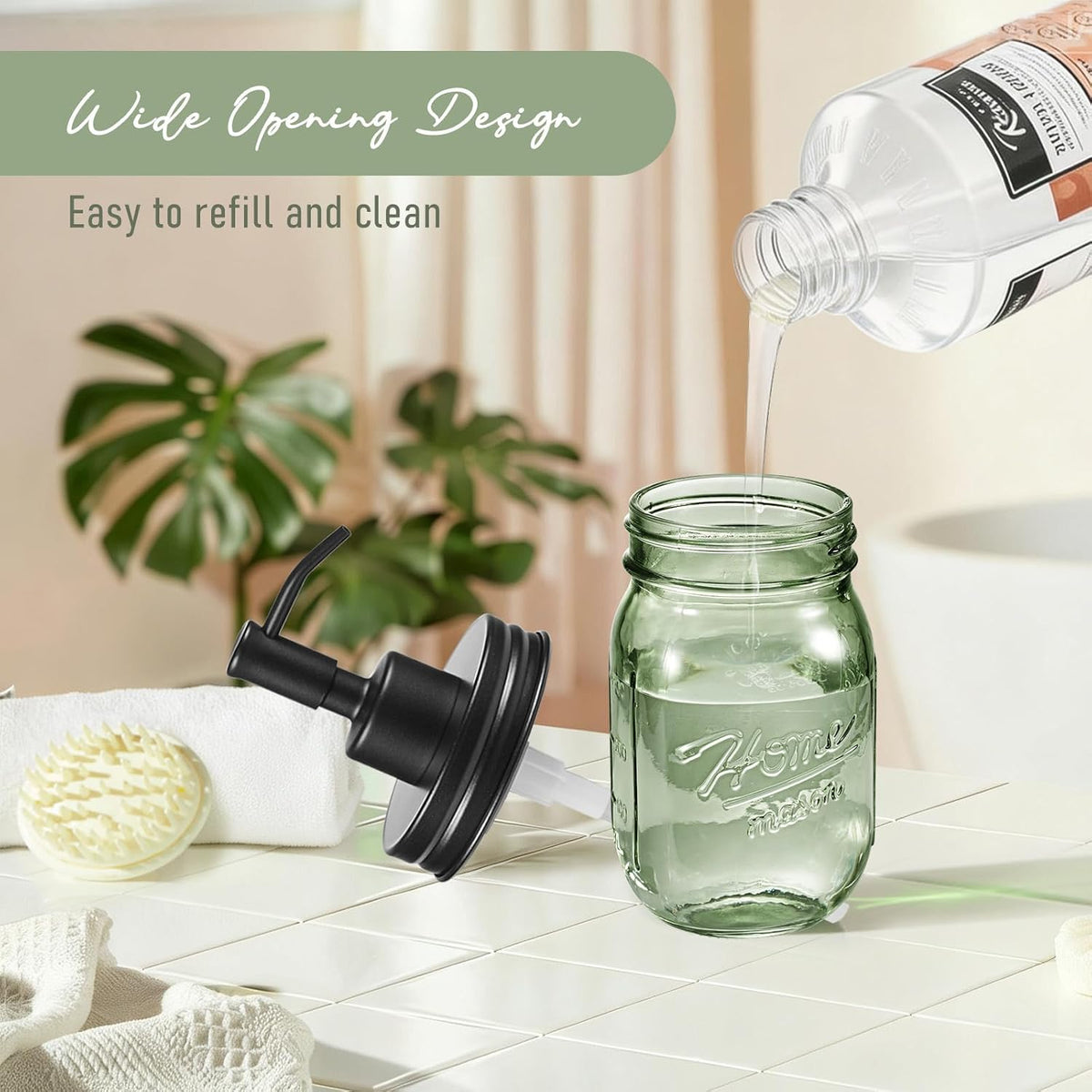 SheeChung Green Glass Mason Jar Liquid Soap Dispenser, 16oz, Black, 1 Pack