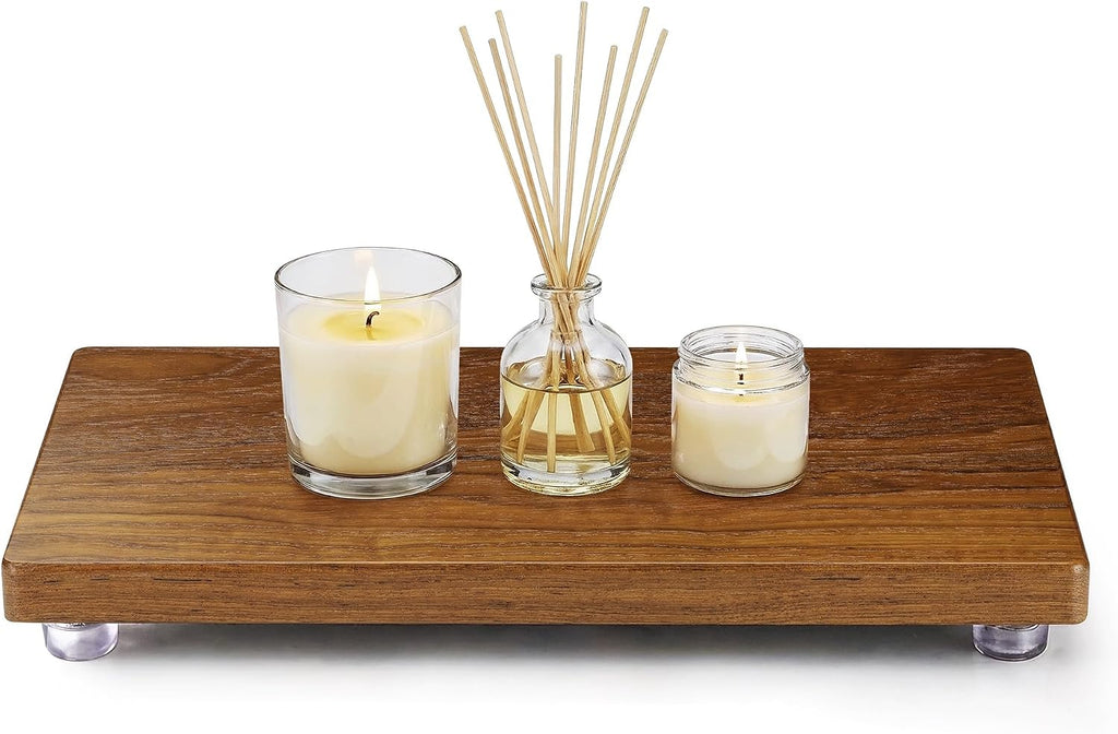 Solid Teak Wood Riser Tray, 10.5x6 inch Whole-Piece Teak Pedestal Stand, Vintage Rustic Bathroom Decor for Vanity Counter Sink, Candle Plant and Essential Oil Display, Brown M2