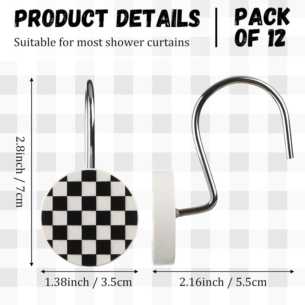 Yalikop Rustic Checkered Shower Curtain Hooks Set of 12 Retro Black and White Round Shower Curtain Rings Modern Decorative Hanger Rings with Metal Hooks for Bathroom Rod and Liner