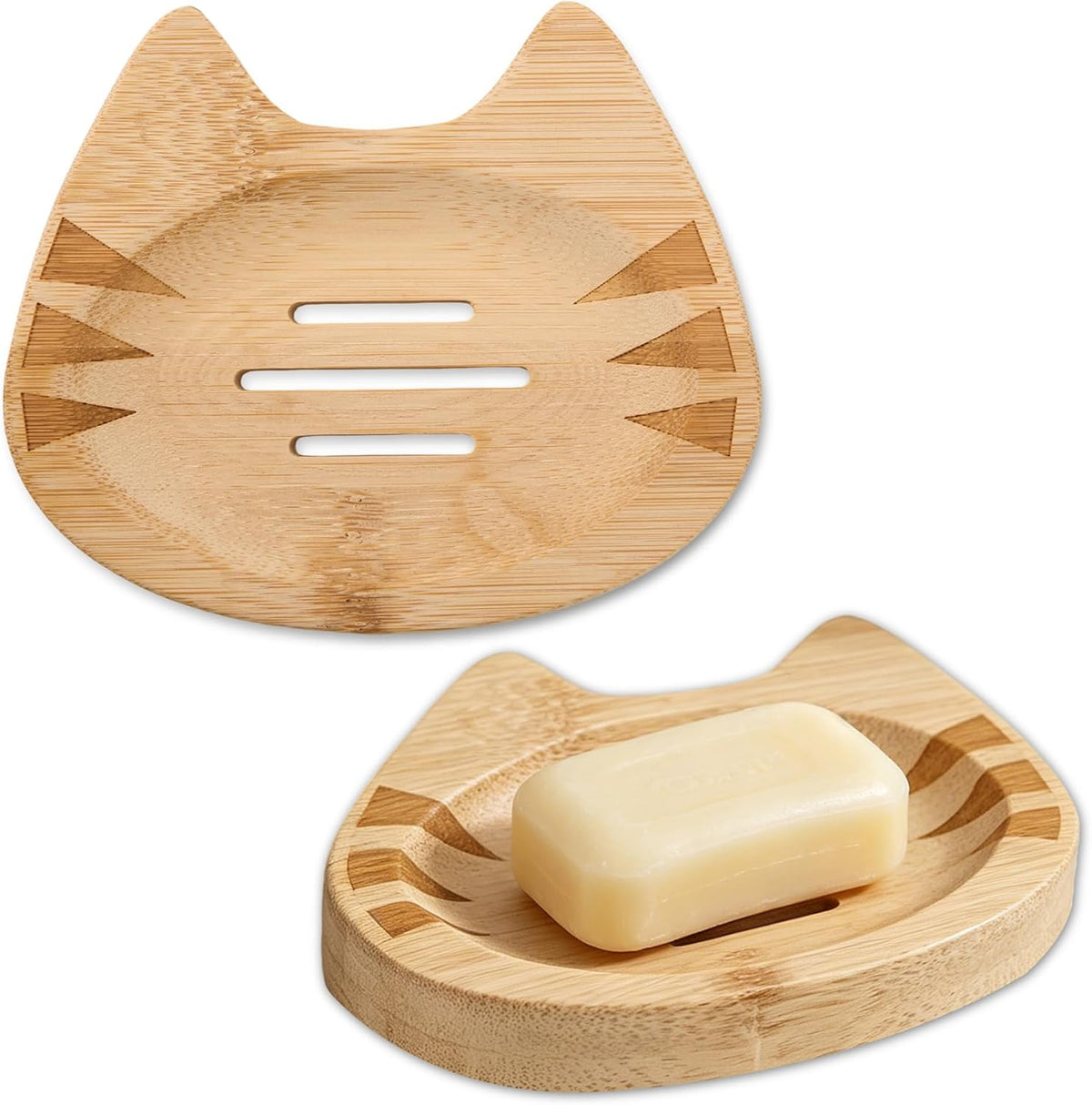 Bamboo Soap Dish Self Draining for Shower - Cute Cat Bamboo Soap Tray Holder Saver with Drainage, Natural Waterproof Decorative Tray for Bathroom, Kitchen, Sponges, Bath Tub, Shower, Sink - 1 Pack