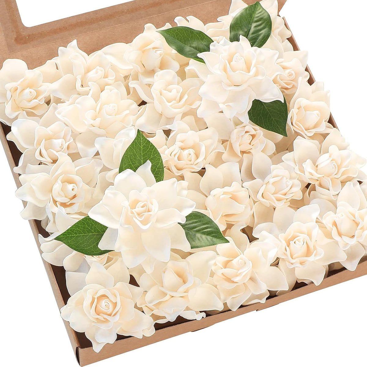 Floroom Artificial Gardenia Flowers 2.7" 25pcs Real Looking Cream Foam Fake Flowers with Stems for DIY Wedding Bouquets Bridal Shower Centerpieces Floral Arrangements Party Tables Home Decorations