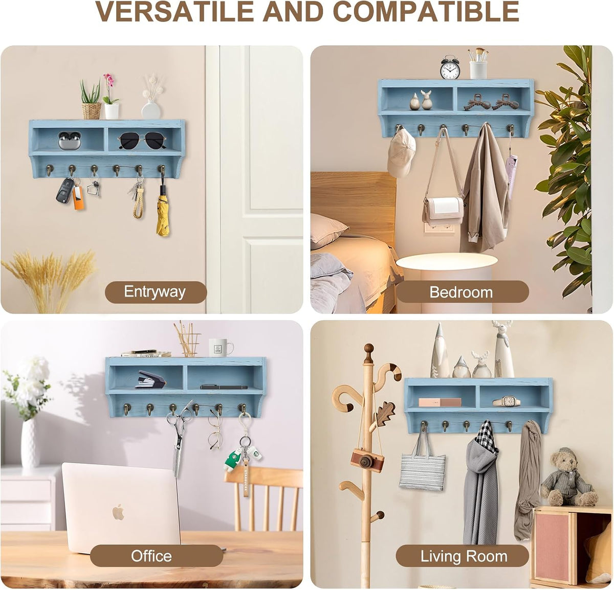 Key Holder Wall Mount with Mail Organizer, 6 Hooks & Shelf, Blue