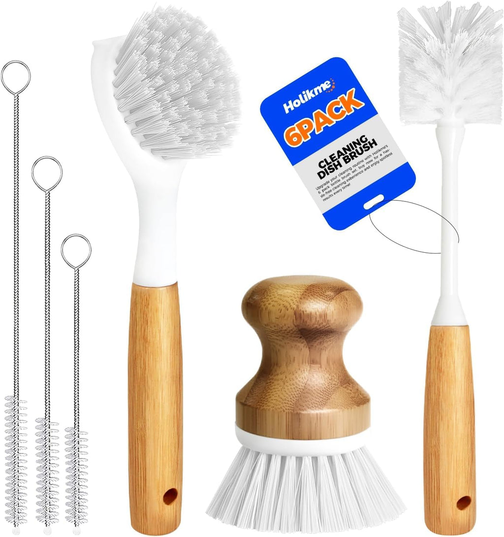 Holikme 6 Pack Dish Brush with Bottle Brush Scrub Brush Straw,Blanco
