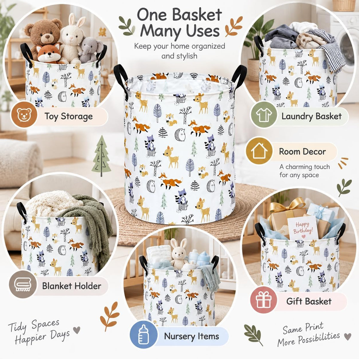 Autumn Animal Storage Basket with Handles, Woodland Animal Storage Basket for Kids' Room, Foldable Laundry Hamper
