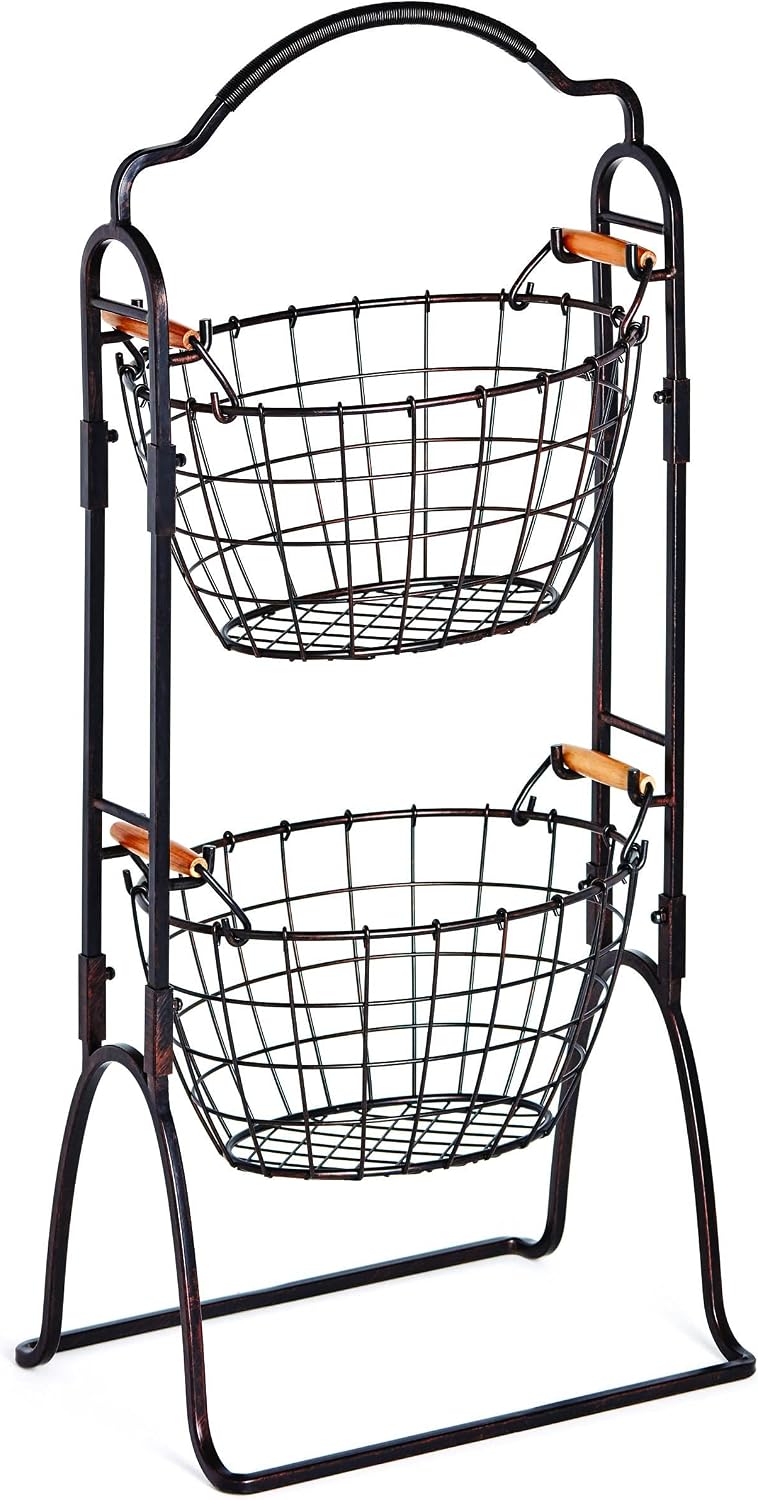 Gourmet Basics by Mikasa 5184916 Harbor Adjustable 3-Tier Metal Floor Standing Fruit/Home Storage Basket, Antique/Distressed Black and Copper
