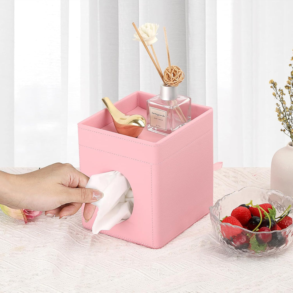 Sumnacon Square Tissue Box Cover with Storage Tray,Tissue Box Holder,Pink
