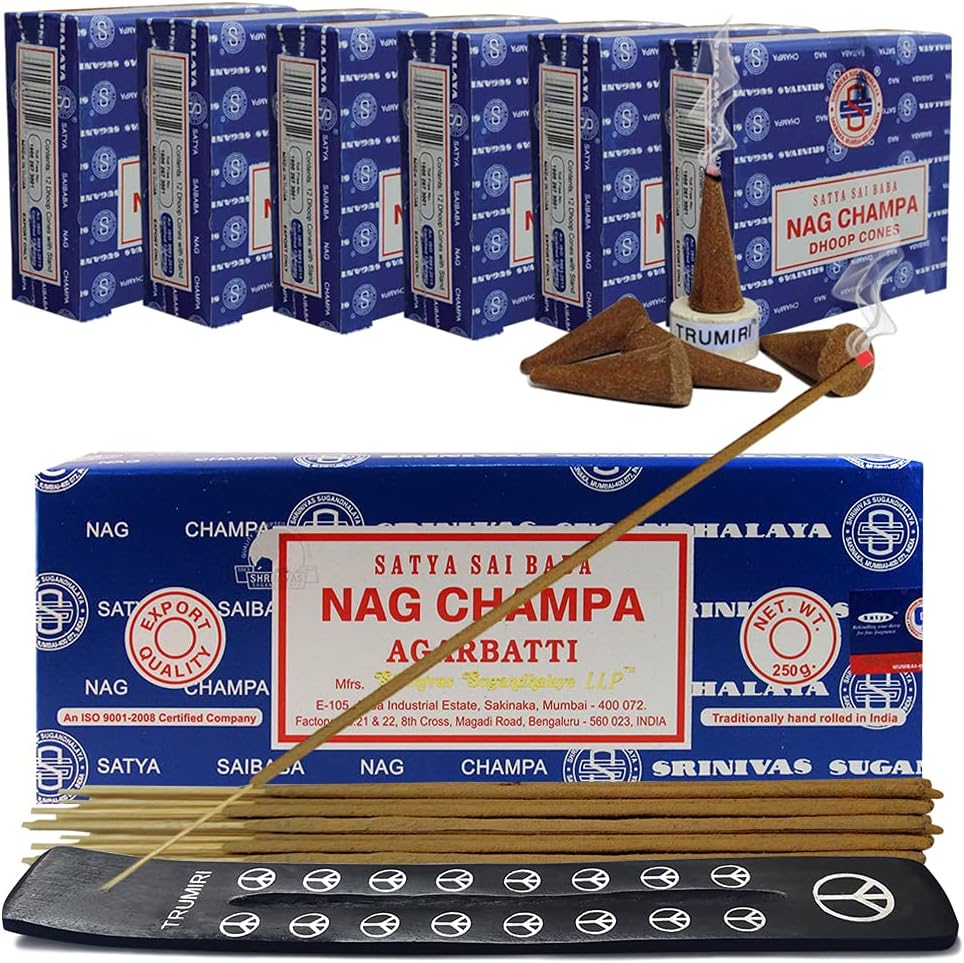 Nag Champa Incense Sticks 250g and Cones Variety Pack with Burner Holder Bundle from Satya Incense 250g Trumiri for Smudging and Aroma