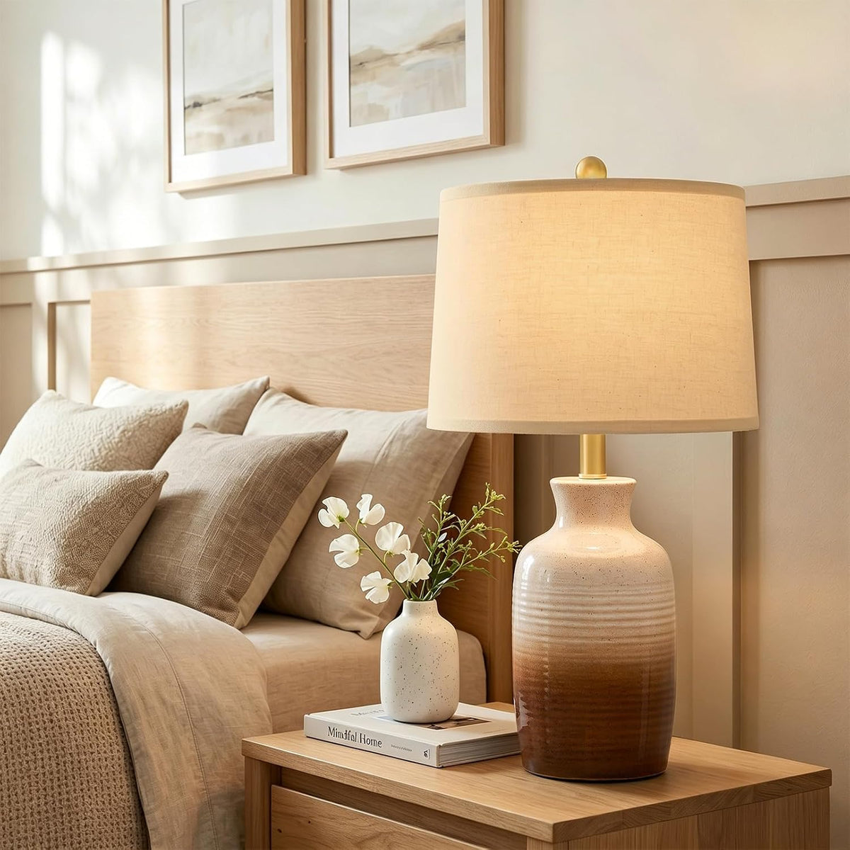 PoKat 24'' Farmhouse Handcrafted Table Lamp for Living Room, Rustic Ceramic Bedroom Lamps for Night Stands, Bedside Lamps with Soft Ombre Finish for Entryway Sideboard End Table (Beige and Brown)