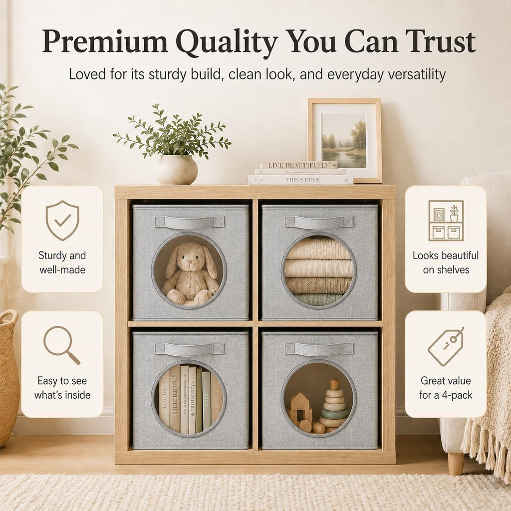 Fabric Storage Cubes with Mesh Window, 13'' Cube Storage Bin, Gray, 4 Pack