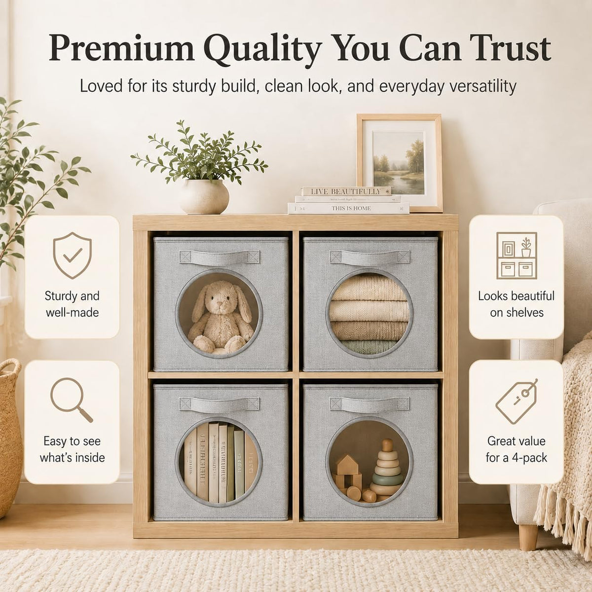 Fabric Storage Cubes with Mesh Window, 13'' Cube Storage Bin, Gray, 4 Pack