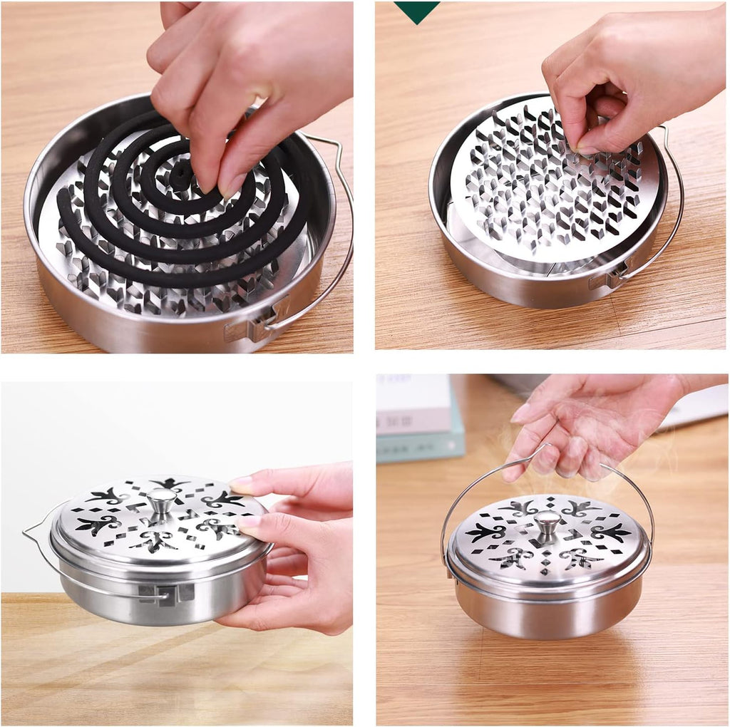 2 Portable Mosquito Coil Holder, Mosquito Incense Box Sandalwood Holder with Handle, Fireproof Incense Burner for Home Silver 2t