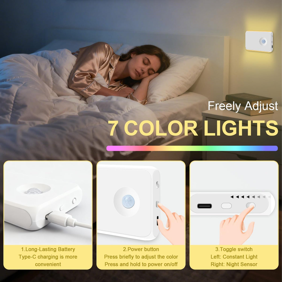 2 Pack Motion Sensor Night Light Cruise Ship Approved Magnetic Night Light Rechargeable with 2 USB Cable and 2 Magnetic Patch RGB Color Sensor Lights for Cabin Bathroom Hallway Stairs Cruise Essential