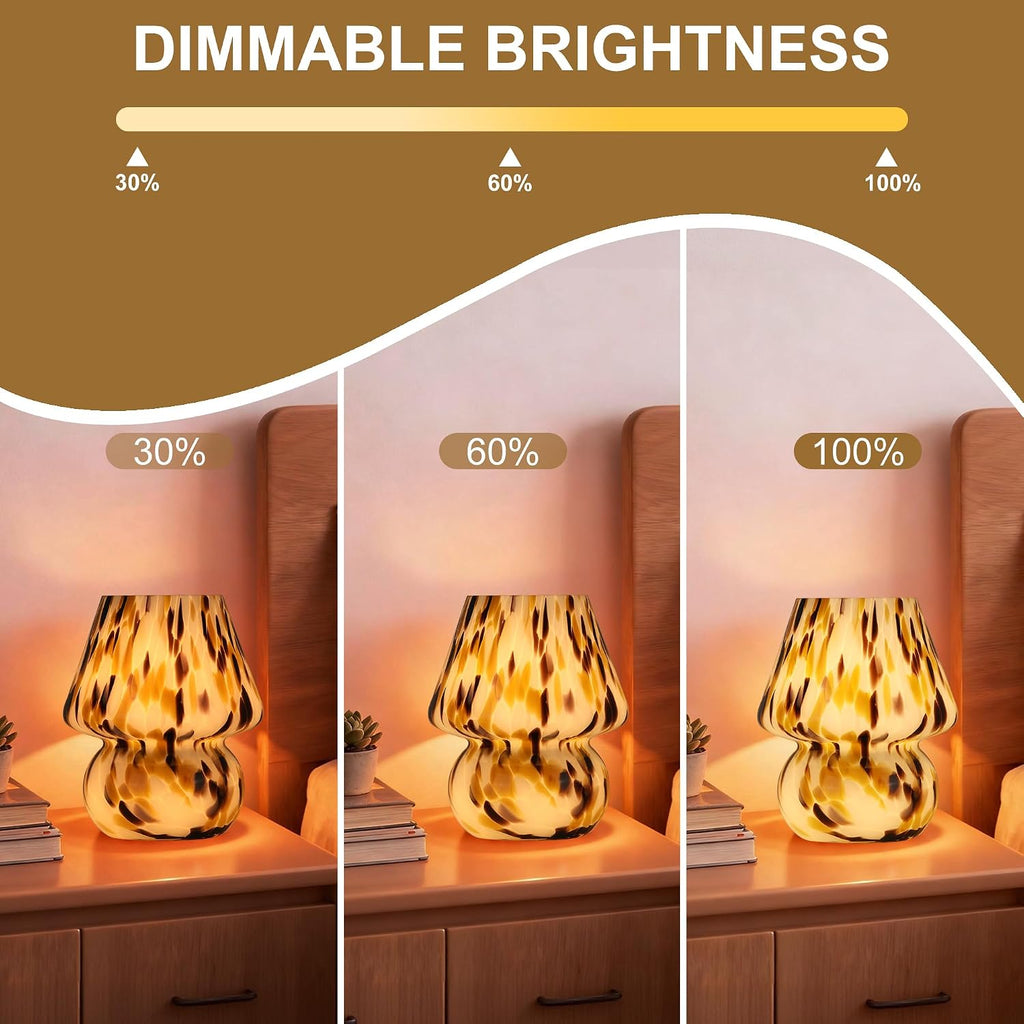 Mushroom Lamp with LED Bulb, Small Glass Bedside Lamp, Brown&White