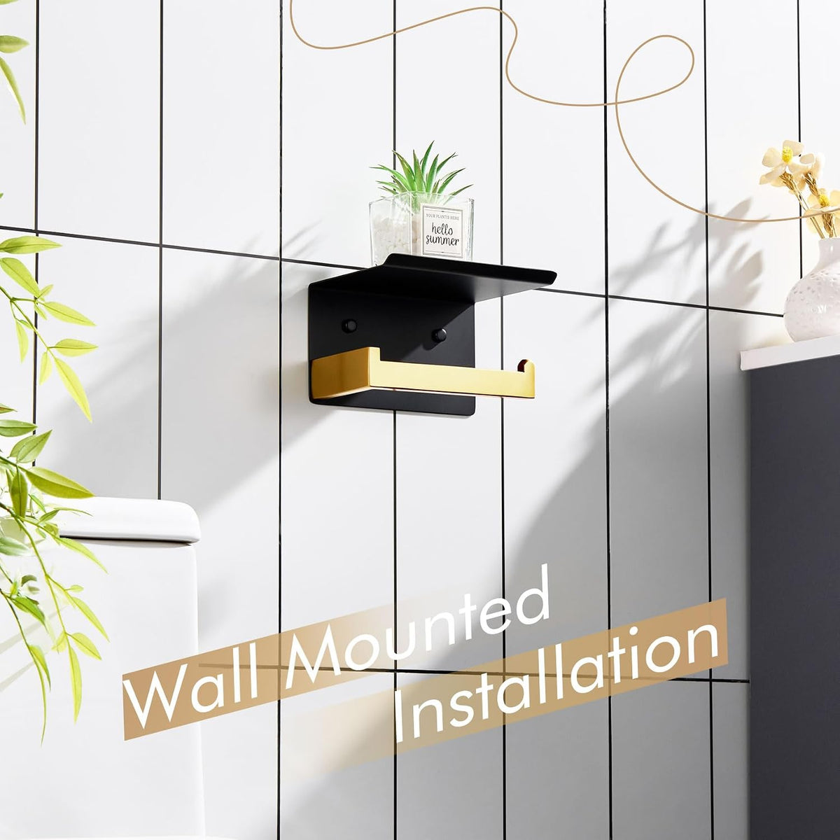 KOKOSIRI Toilet Paper Holders with Shelf Bathroom Toilet Paper Roll Holder Wall Mounted T-304 Stainless Steel, Matte Black and Gold B2010GDK (Pack of 2)